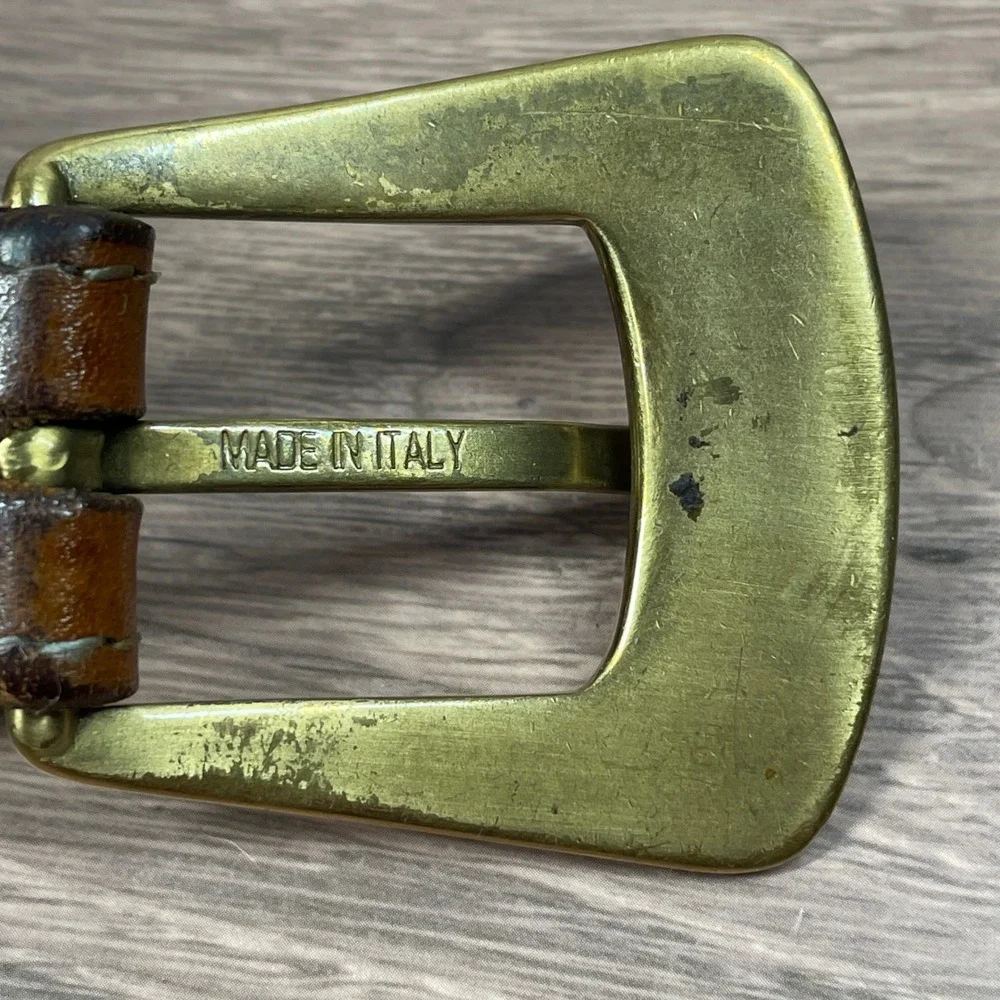 Brown Leather Woven‎ Belt Brass Buckle Womens Made in Italy